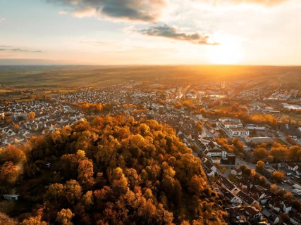 View of a town and surrounding forests at sunset, golden autumn colours, Herrenberg, Germany,