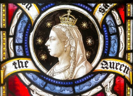 Stained glass window commemorating 60th year of reign of Queen Victoria, Boulge church, Suffolk,