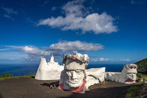 White sculpture made of scrap metal and plaster Homenaje a La Bajada near Valverde, capital of the