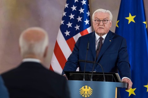 Frank-Walter Steinmeier (President of the Federal Republic of Germany) delivers a speech in front