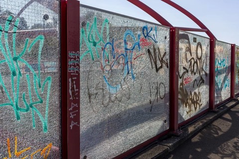 Laminated safety glass, VSG, with glass cracks and letters smeared on it, Zwickau, Saxony, Germany,