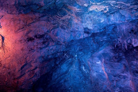 The Tamina Gorge and the Tamina River illuminated in colour at night, Altes Bad Pfäfers, St.