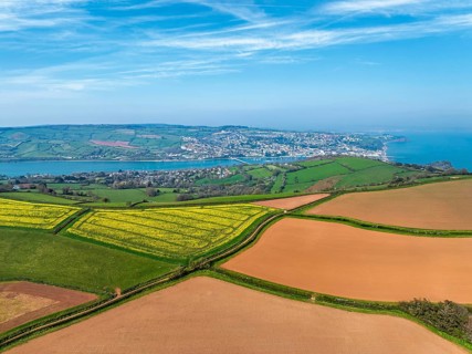 Rapeseed fields over the River Teign from a drone, Teignmouth, Shaldon, Devon, England, United