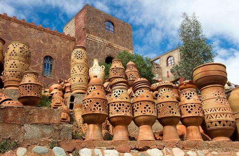 Morocco, clay jugs in front of a hotel, pottery, potteries, Africa