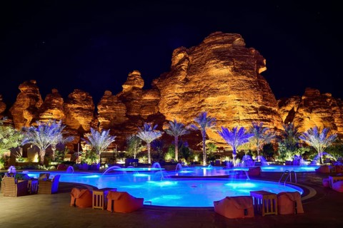 Shaden Resort by night, AlUla, Medina Province, Saudi Arabia, Arabian Peninsula, Asia