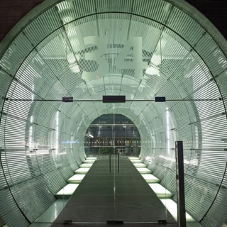 Illuminated, tubular entrance to the EnergieForum Berlin, Friedrichshain, Berlin, Germany, Europe