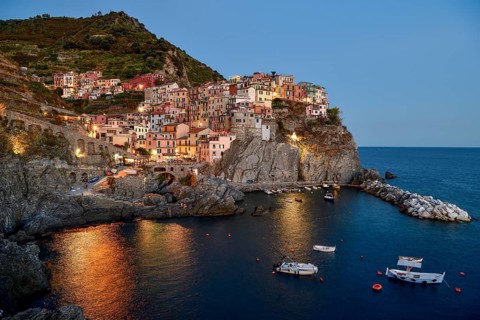 Fishing village of Manarola, blue hour, blue hour, district of Riomaggiore, Cinque Terre, province