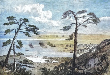 The port of Hiogo with the English and American fleets, at anchor, 1869, Japan, Historic, digitally