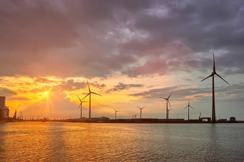 Wind turbines power electricity generators in Antwerp port on sunset. Antwerp, Belgium, Europe