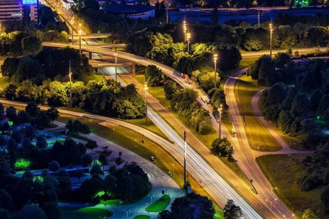 Elevated view of German autobahn road at night. Munich, Bavaria, Germany, Europe