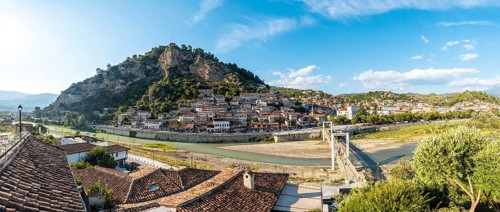 Panoramic of the historic city of Berat in Albania its castle above, UNESCO World Heritage Site,
