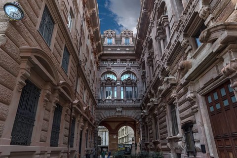 Courtyard façades of the Palazzo della Borsa, built between 1907 and 1912, in Piazza de Ferrari,