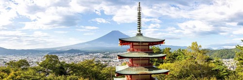 View of Mount Fuji with Chureito Pagoda in Arakurayama Sengen Park Panorama in Shimoyoshida, Japan,