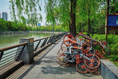 CHENGDU, CHINA, APRIL 15, 2018: Mobike bikes for share parked in Chengdu, Sichuan, China, Asia