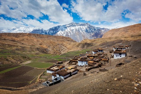 Comic village in Himalayas. Spiti Valley, Himachal Pradesh, India, Asia