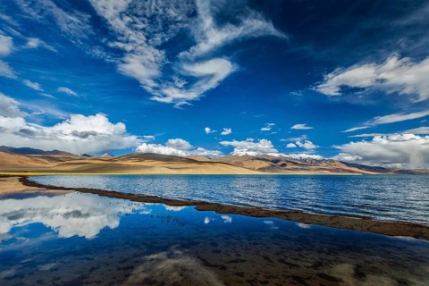Himalayan lake Tso Moriri on sunset, Korzok (Changthang area), Ladakh, Jammu and Kashmir, India,