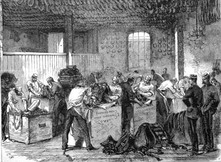 Workers at Woolwich Arsenal prepare to equip the cavalry for the Abyssinia Expedition, 1869,
