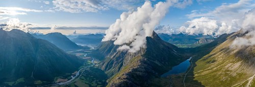 View of the valleys Romsdalen and Venjesdalen, river Rauma, mountain Romsdalseggen, Åndalsnes, Møre