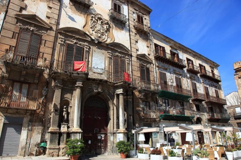 Palermo, restaurant, cafe in Piazza Bologna square in the old town, Sicily, Italy, Europe