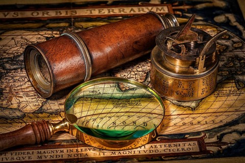 Travel geography navigation concept background, old vintage retro compass with sundial, spyglass