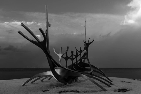 Viking ship sculpture, Sun Voyager, black and white photograph, Reykjavik, Reykjanes Peninsula,