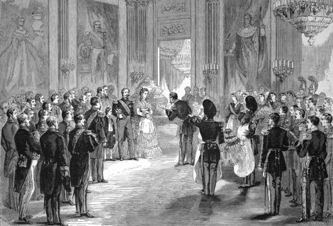 Stay of the Court in Compiegne, the Empress's Feast. The officers present the Empress with bouquets