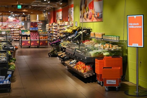 Migros entrance Härzlech Willkomme, Switzerland, Europe