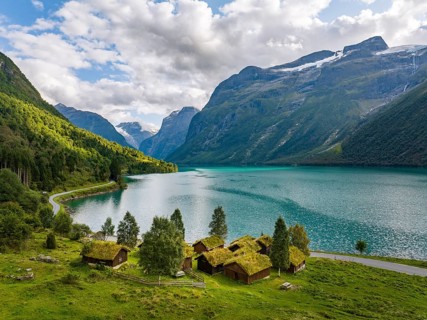 Traditional cabins on the shores of Lake Lovatnet, Breng seter, Loen, Stryn, Norway, Europe