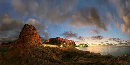 Panorama on the beach Lido Le Roccette Club Tropea with the old town of Tropea situated on rocks of