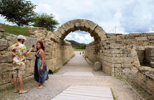 Monumental entrance to the stadium, crypt, ancient ruins of the archaeological site of Olympia,