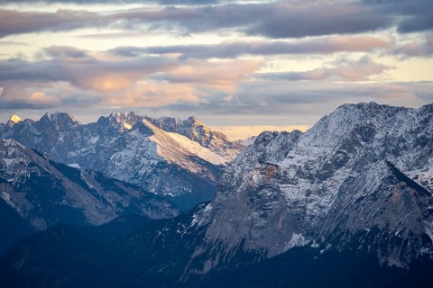 Pleisenspitze in the Karwendel mountains, mountain panorama with snow at sunset, in autumn, view