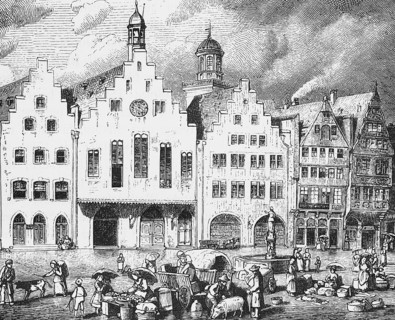 The Römer in Frankfurt am Main, town hall with stepped gable facade, Römerberg with fountain, sale