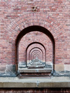 Detail of the Göltzschtal Bridge, view through the bridge arches, largest brick bridge in the