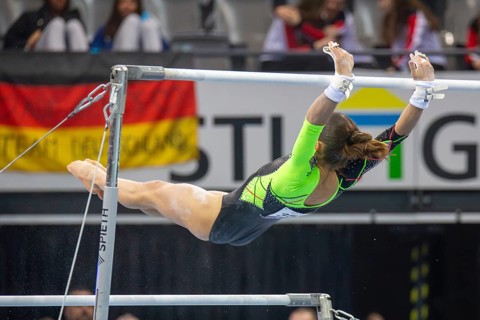 EnBW DTB-Pokal Stuttgart 2025, Mixed Cup***Janoah Müller warming up on the uneven bars