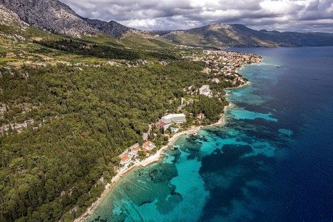 The coast and hotels near Orebic seen from the air, Peljesac peninsula, Croatia, Europe