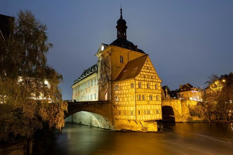 The old town hall on the river Regnitz, Blue Hour, Bamberg, Upper Franconia, Bavaria, Germany,