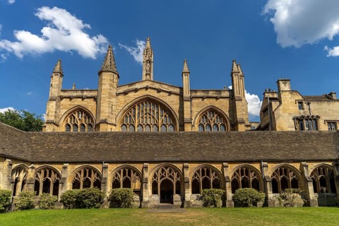 The cloisters and chapel of New College, University of Oxford, Oxfordshire, England, Great Britain