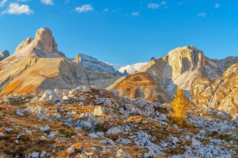 View of the Three Peaks and the surrounding mountains, autumn, blue sky, Sesto Dolomites, South