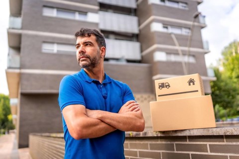 Portrait of a confident delivery man with arms crossed standing looking away next to parcels in the