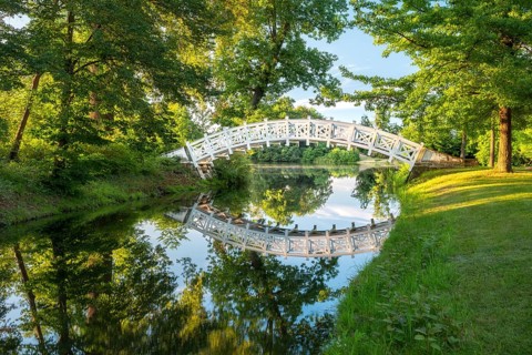 The Chinese or White Bridge in Wörlitz Park in the evening light, Garden Kingdom Dessau-Wörlitz,