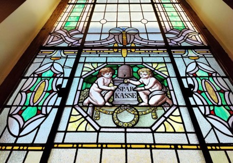 Stained glass window with savings bank motif, Art Nouveau, Quedlinburg, Saxony-Anhalt, Germany,