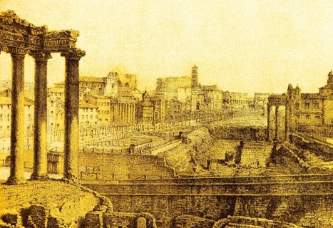 View of ancient Rome from the Roman Forum, ruins, cityscape, columns, houses on the hillside,