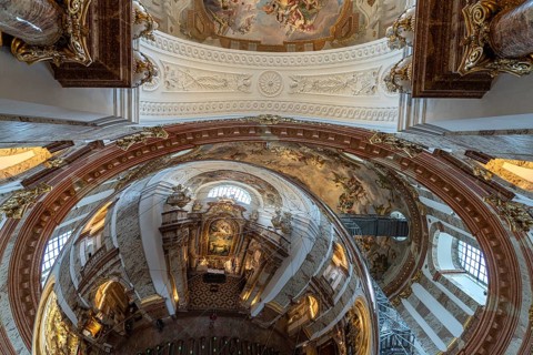 Aerocene art installation with giant reflecting sphere in the baroque Karlskirche church in Vienna,