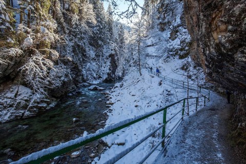 Winter, snowy landscape, river Breitach and hiking trail through the Breitachklamm gorge near