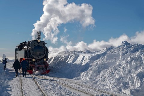Winter historic steam railway Brocken Harz Germany