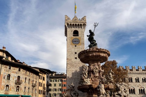 Piazza del Duomo with Palazzo Pretorio and the Neptune Fountain Trento, Trentino, Italy, Europe