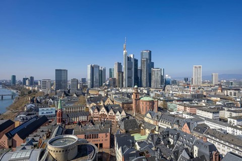 The view from St. Bartholomew's Cathedral takes in Frankfurt city centre and the banking skyline,