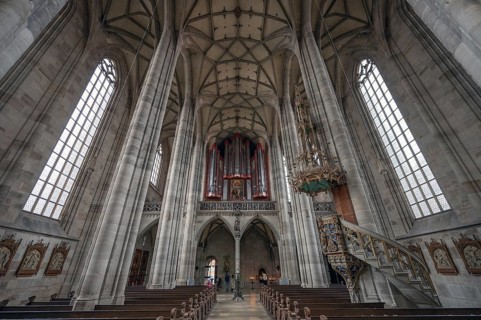 Interior with organ loft, organ built in 1997, late Gothic hall church of St George, Dinkelsbühl,
