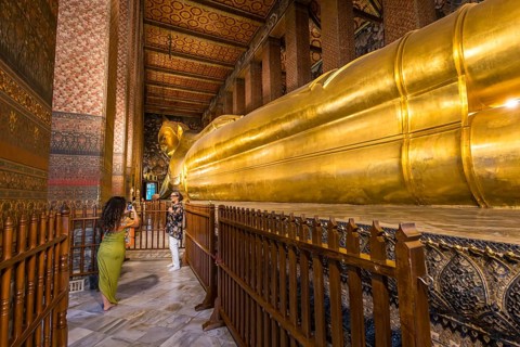 Wat Pho, temple of the reclining Buddha. Sightseeing attraction, architecturally significant temple