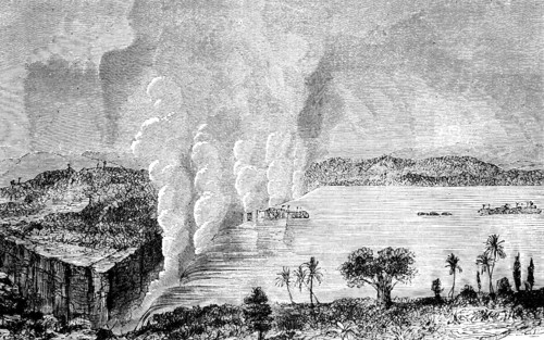 Victoria Falls on the Zambezi, border area between Zambezi and Zimbabwe, historical illustration